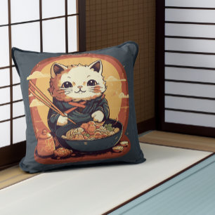 Anime Cat Eating Ramen Cute Japanese Style Cushion