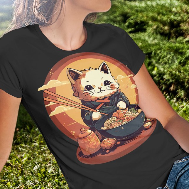 Anime Cat Eating Ramen Cute Japanese Style T-Shirt (Creator Uploaded)