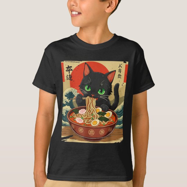 Anime Cat Eating Ramen Japanese Art Graphic Cat Cu T-Shirt (Front)