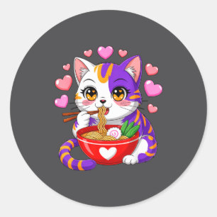 Anime Cat Eating Ramen Noodles With Hearts Funny V Classic Round Sticker