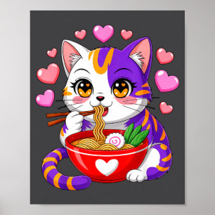 Anime Cat Eating Ramen Noodles With Hearts Funny V Poster