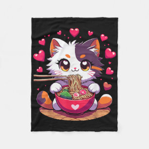 Anime Cat Eating Ramen Noodles With Hearts Valenti Fleece Blanket