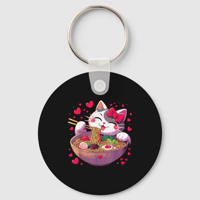 Anime Cat Eating Ramen Noodles With Hearts Valenti Key Ring (Front)