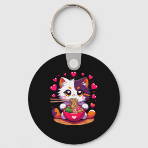 Anime Cat Eating Ramen Noodles With Hearts Valenti Key Ring