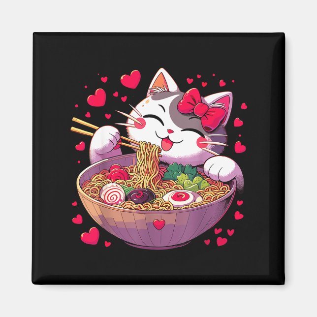 Anime Cat Eating Ramen Noodles With Hearts Valenti Magnet (Front)