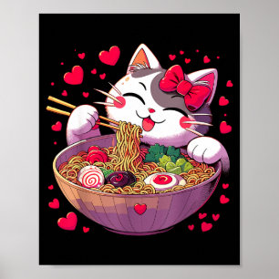 Anime Cat Eating Ramen Noodles With Hearts Valenti Poster