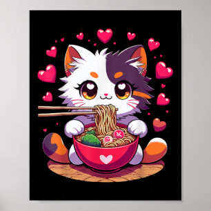 Anime Cat Eating Ramen Noodles With Hearts Valenti Poster