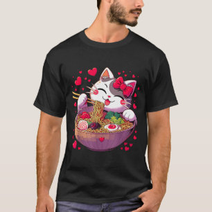 Anime Cat Eating Ramen Noodles With Hearts Valenti T-Shirt