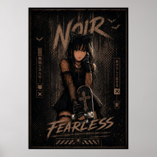 Anime Cat Girl Goth Skateboard Black Poster