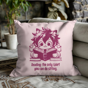 Anime Catboy reading a book & funny bookish quote Cushion