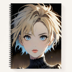 anime character with a blue eyes and a black shirt notebook
