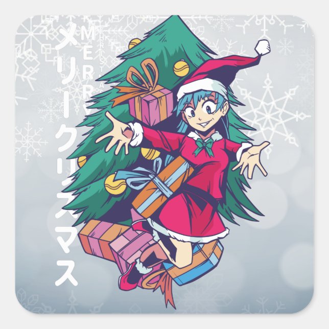 Anime Christmas Sweater- Happy Girl with Santa Hat Square Sticker (Front)