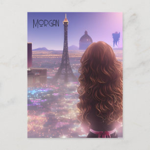 Anime City Girl Day Dreaming Overlooking Skyline  Postcard