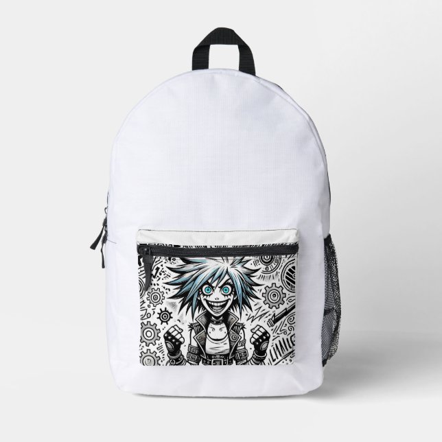 anime comic cheerful art original blu_eyes black_a printed backpack (Front)