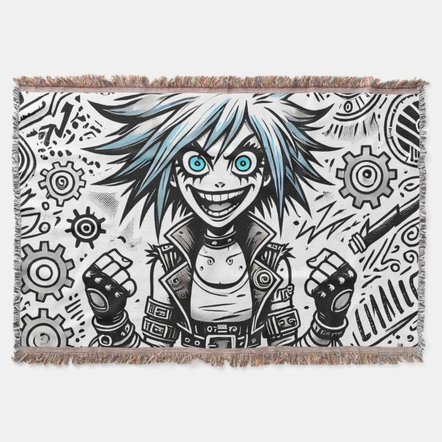 anime comic cheerful art original blu_eyes black_a throw blanket (Front)