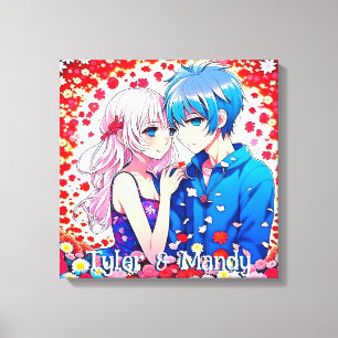 Anime Couple, Flowers Personalised Canvas Print