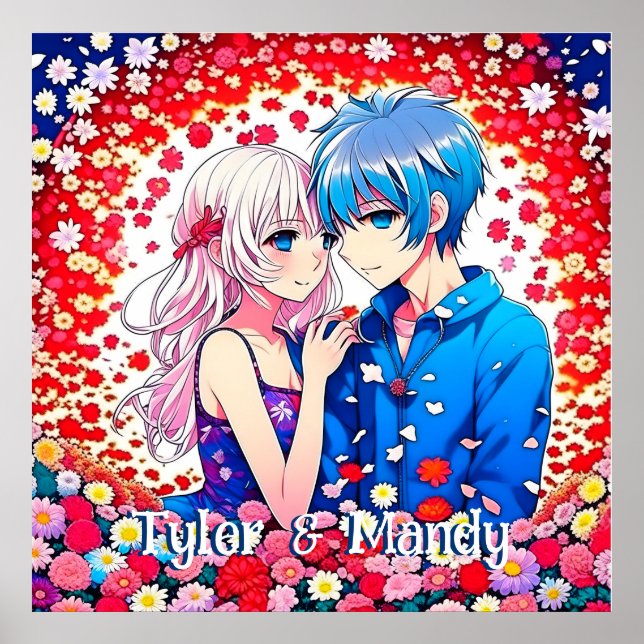 Anime Couple, Flowers Personalised Poster (Front)