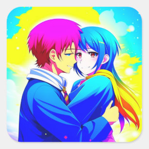 Anime Couple Hugging Pink and Blue Square Sticker