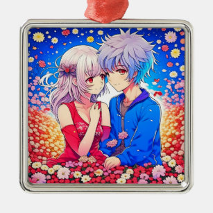 Anime Couple Love Flowers and Hearts Metal Tree Decoration
