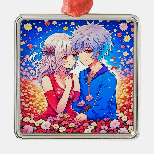 Anime Couple Love Flowers and Hearts Metal Tree Decoration (Front)