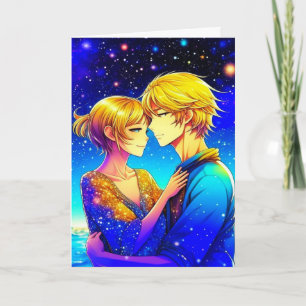 Anime Couple on a Romantic Night Valentine's Day Card