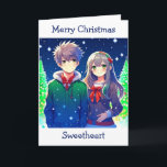 Anime Couple Romantic Christmas  Card<br><div class="desc">Christmas card with a cute anime couple with a snowy pine tree background.</div>