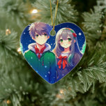 Anime Couple Romantic Personalised Christmas  Ceramic Tree Decoration<br><div class="desc">Christmas time with a cute anime couple with a snowy pine tree background.</div>
