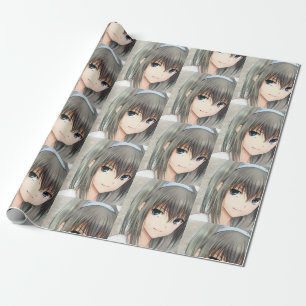 Anime dark-haired girl grey eyes  wrapping paper