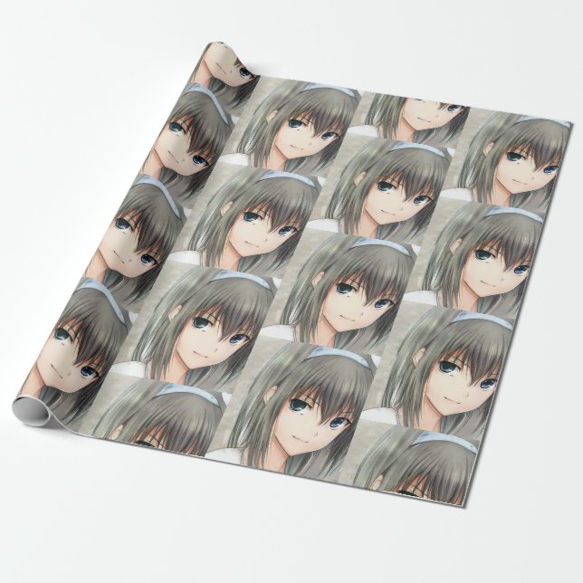 Anime dark-haired girl grey eyes  wrapping paper (Unrolled)