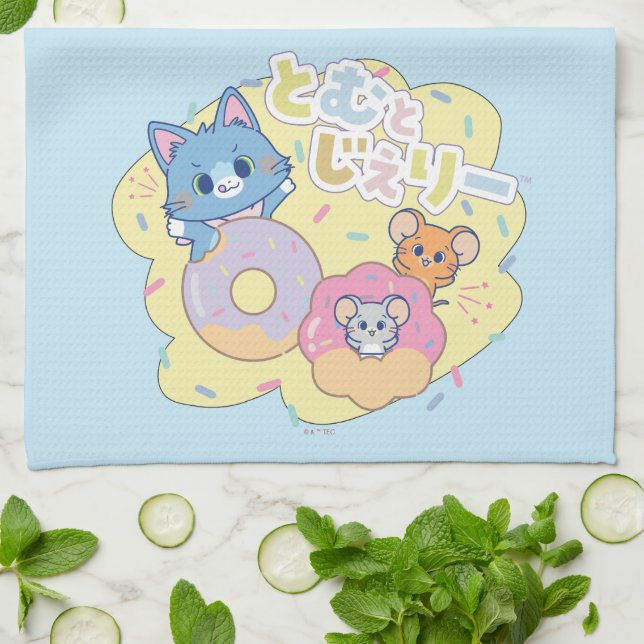 Anime Doughnut Delights with Tom, Jerry, and Tuffy Tea Towel (Folded)