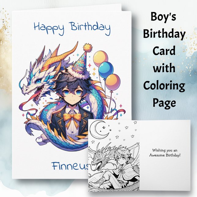 Anime Dragon Themed Boy's Birthday | Colouring Pag Card (Creator Uploaded)