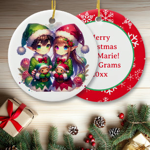 Anime Elves and Snowflakes Personalised Christmas  Ceramic Tree Decoration