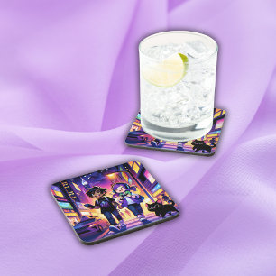 Anime Gaming Couple with their Cat   Coaster
