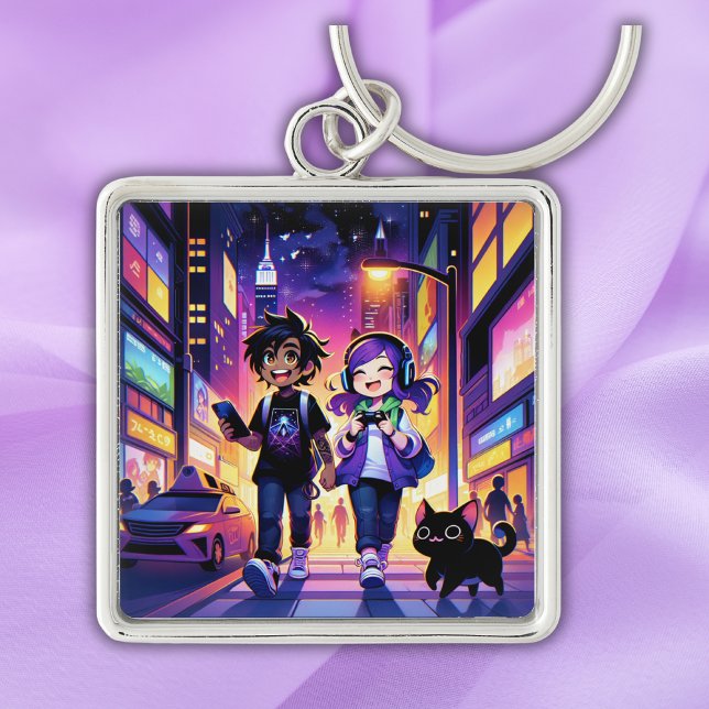 Anime Gaming Couple with their Cat | Key Ring (Creator Uploaded)