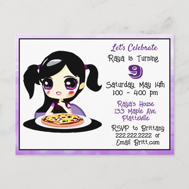 Anime Gaming Girl Birthday Pizza Party Postcard (Front)