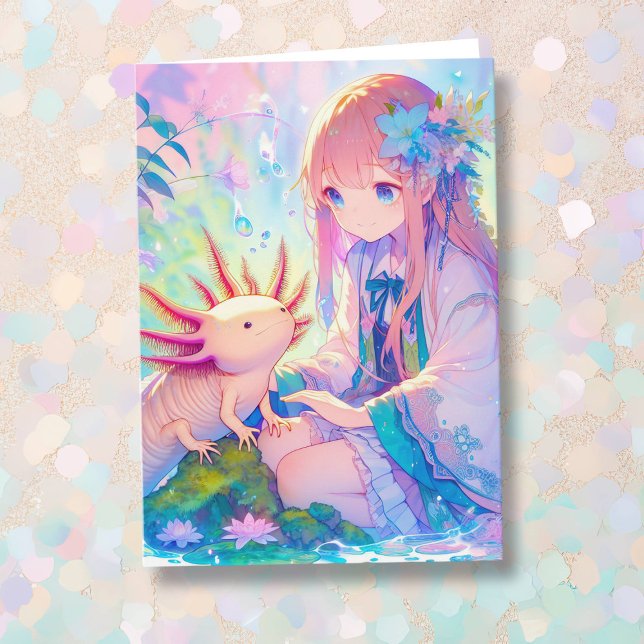 Anime Girl and an Axolotl Personalised Birthday Card (Creator Uploaded)