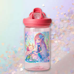 Anime Girl and Axolotl Personalised Water Bottle