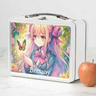 Anime Girl and Butterfly Watercolor Ai Art  Metal Lunch Box