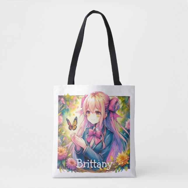Anime Girl and Butterfly Watercolor Personalised Tote Bag (Front)