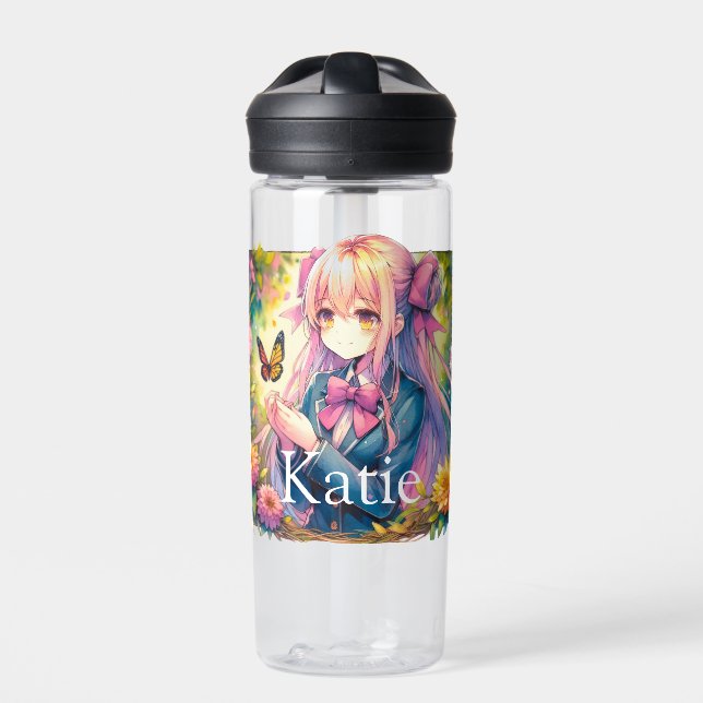 Anime Girl and Butterfly Watercolor Personalised Water Bottle (Front)