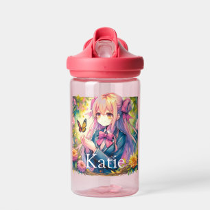 Anime Girl and Butterfly Watercolor Personalised Water Bottle
