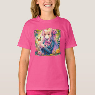 Anime Girl and Butterfly Watercolor  T-Shirt