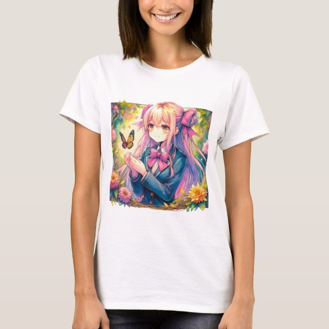Anime Girl and Butterfly Watercolor  T-Shirt (Front)