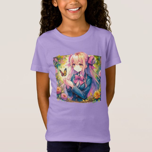 Anime Girl and Butterfly Watercolor  T-Shirt (Front)
