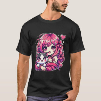 Anime Girl and Cat Kawaii Manga Girl T-Shirt