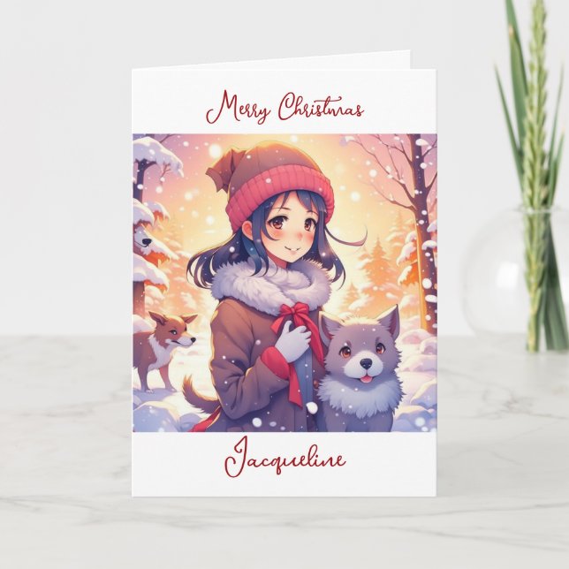 Anime Girl and Dogs with Christmas Background Card (Front)