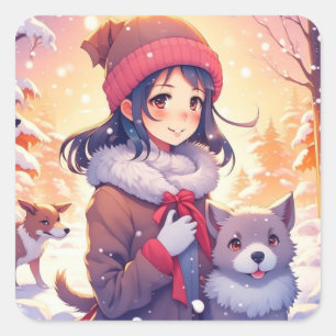 Anime Girl and Dogs with Christmas Background Square Sticker