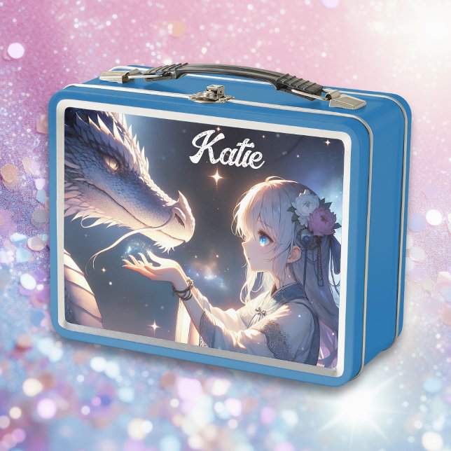 Anime Girl and Her Dragon Mystical Personalised Metal Lunch Box (Creator Uploaded)