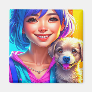Anime Girl and Puppy Dog Magnet