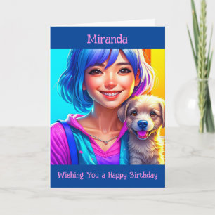 Anime Girl and Puppy Dog Personalised Birthday Card